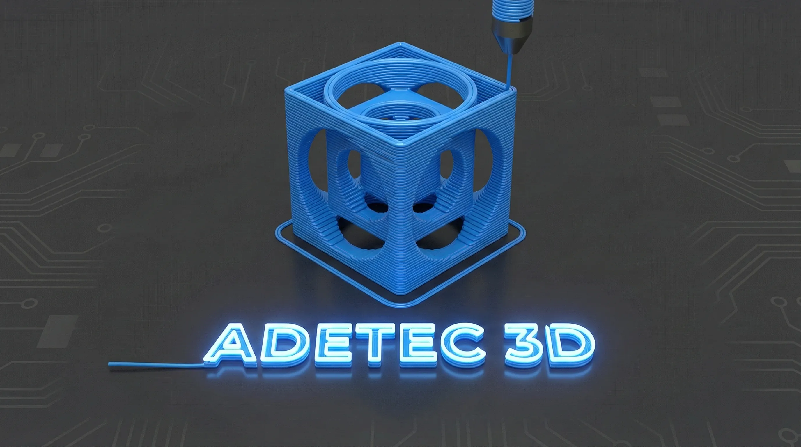Logo da AdeTec3D com efeito neon destacando a marca