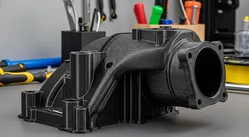 Peça automotiva impressa em 3D mostrando detalhes de engenharia e acabamento de alta precisão